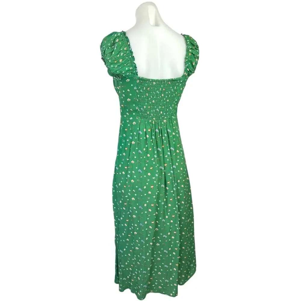 ASTR Green Keepsake Floral Ruffle Scoop Neck Puff Sleeve Smocked Midi Dress Sz S
